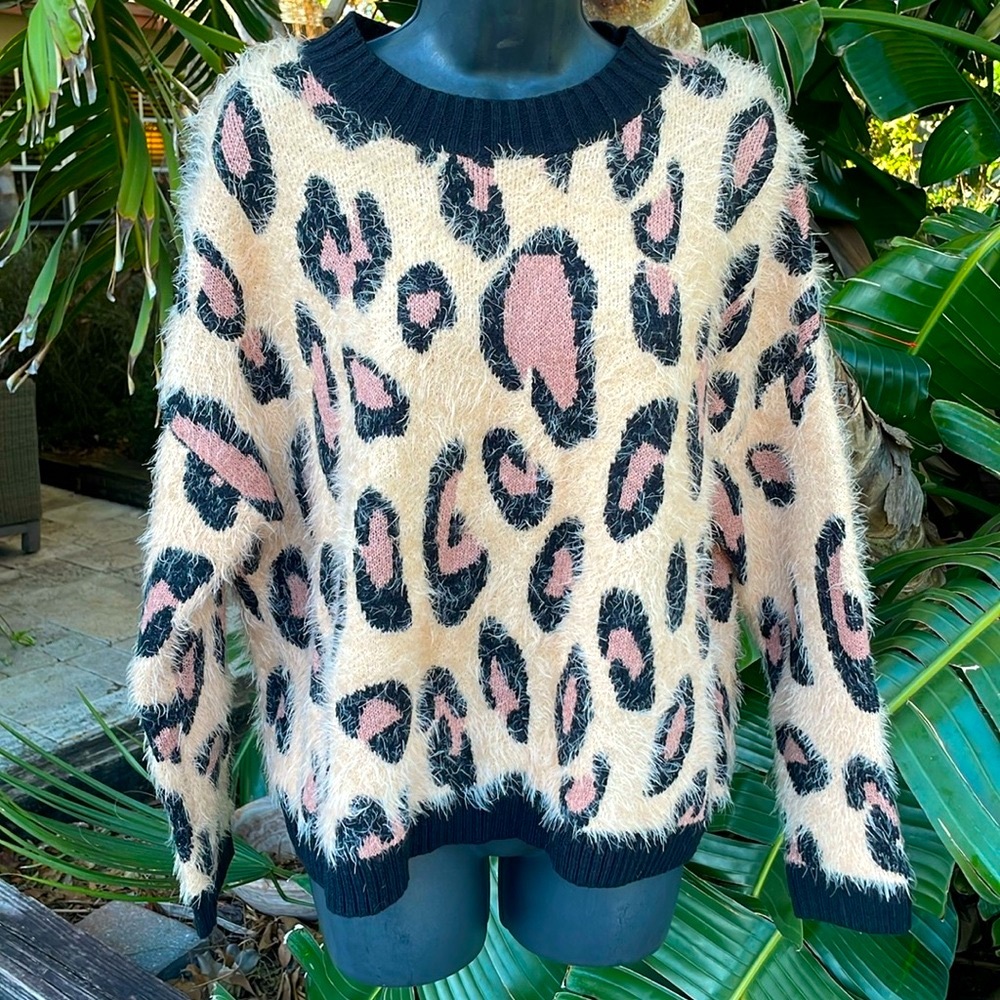 MINKPINK, fuzzy, leopard print oversized crop sweater
